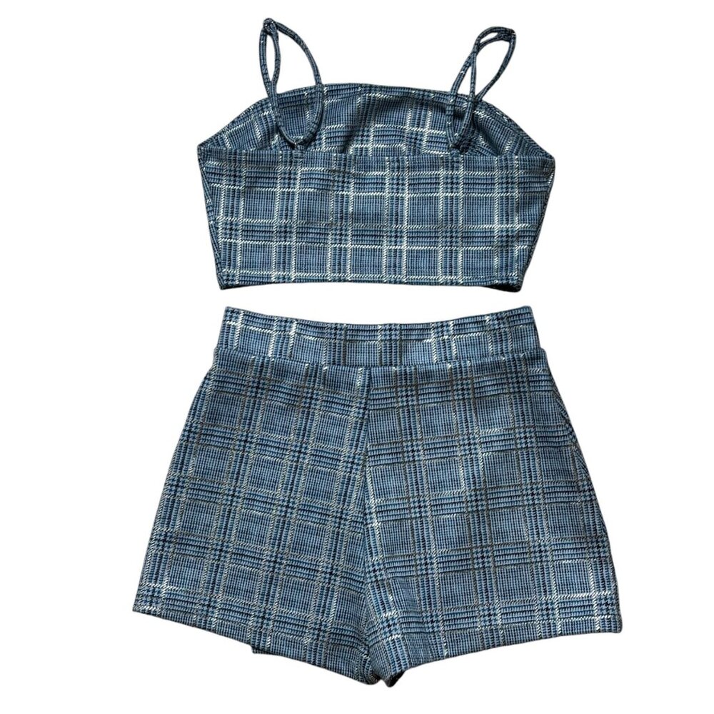 Womens Plaid Blue Two-Piece Set - Crop Top & High-Waisted Shorts By Iris Small
